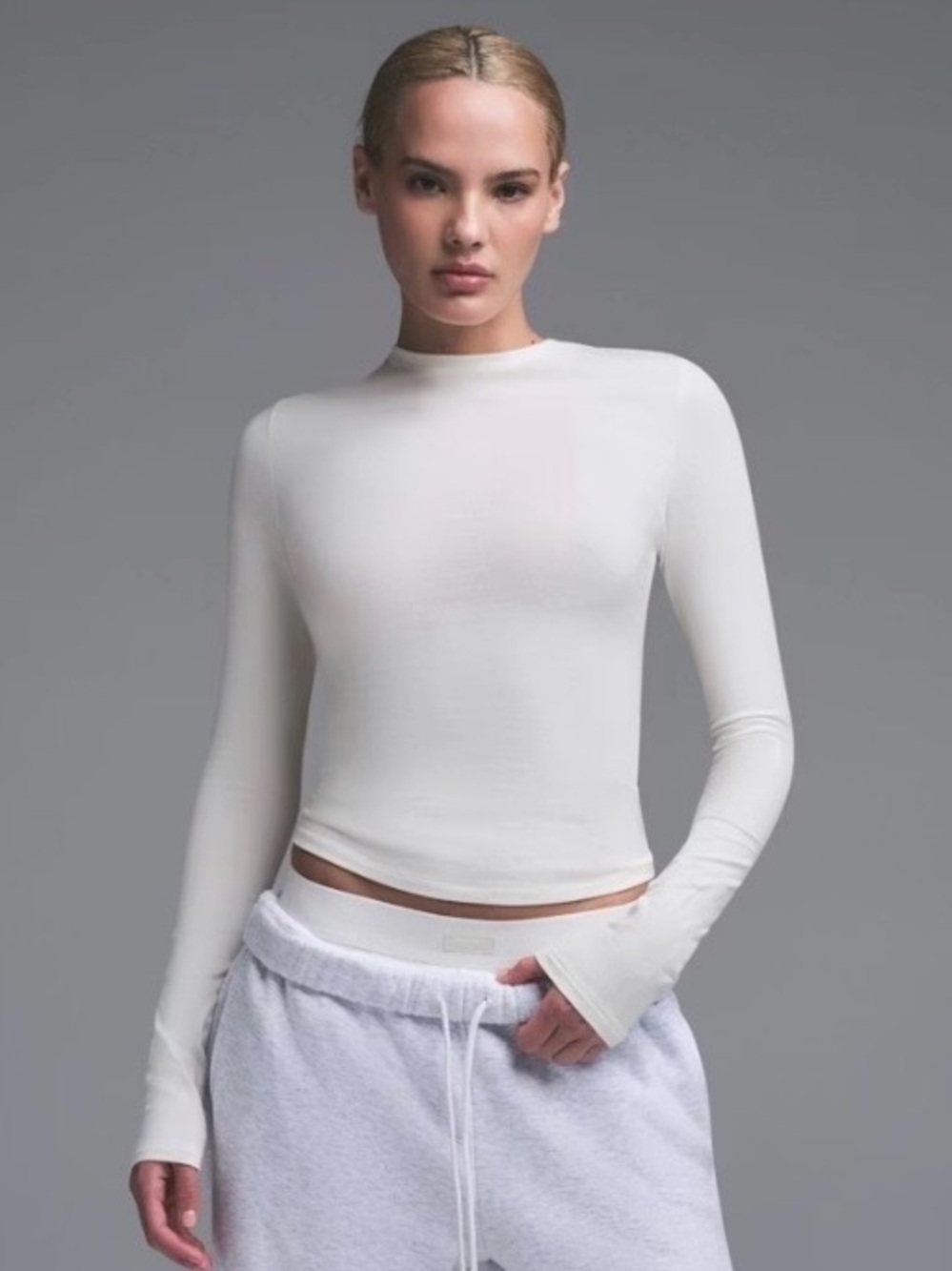 SKIMS Slim Long Sleeve Crewneck Top in Ivory